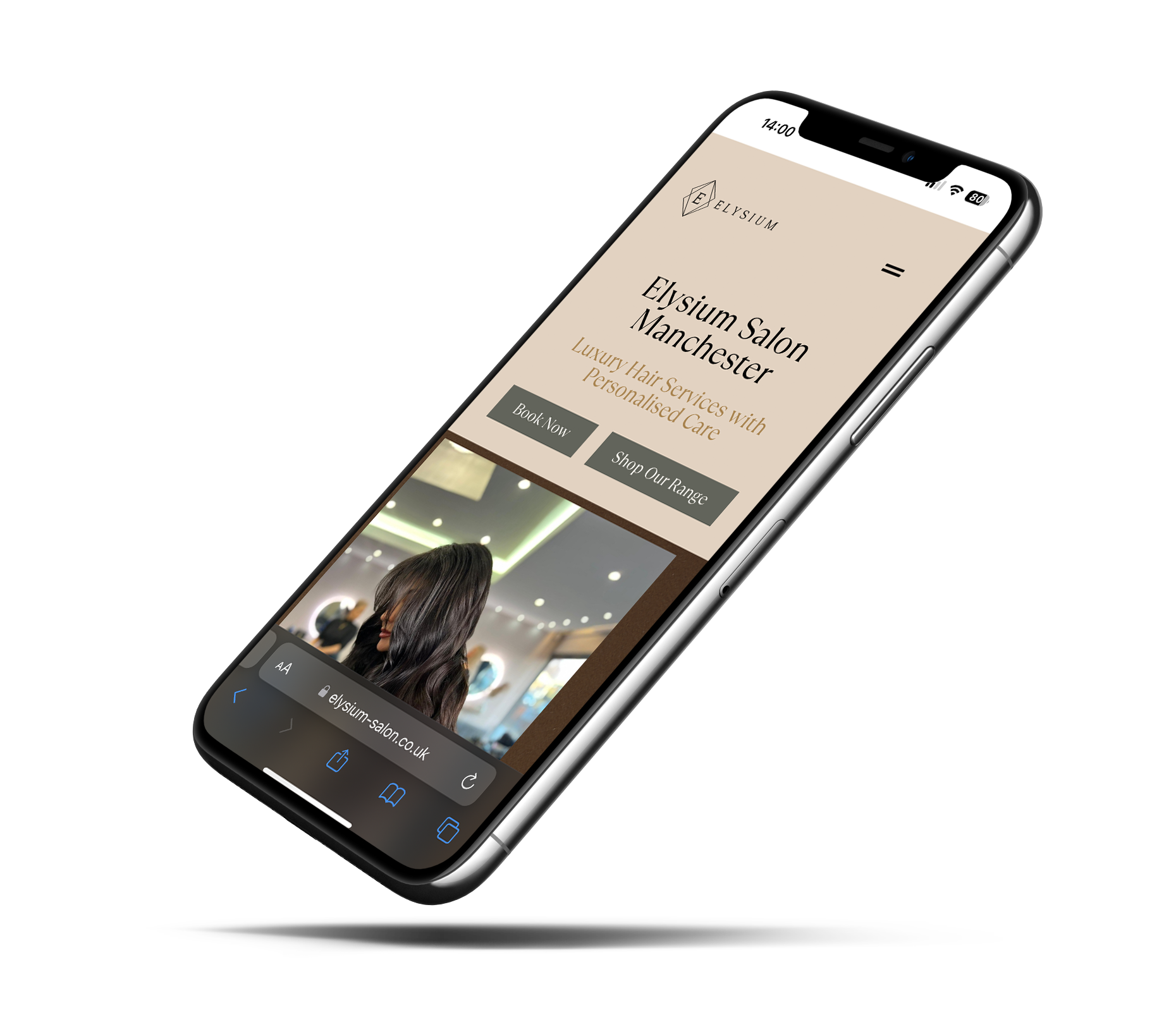 elysium salon website on mobile